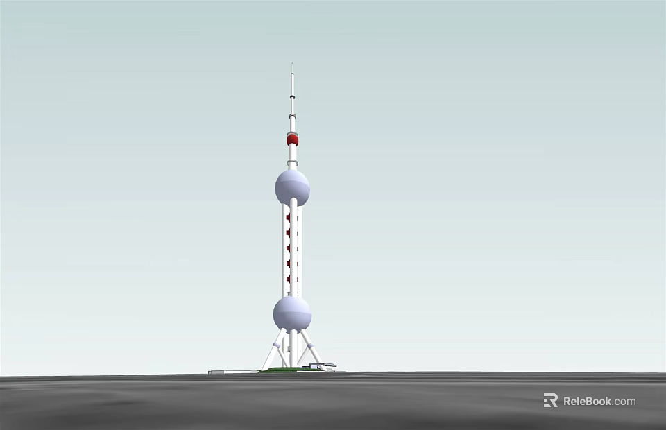Tall Communication Tower With Spherical Sections White Red Color And Green Base 3d model 