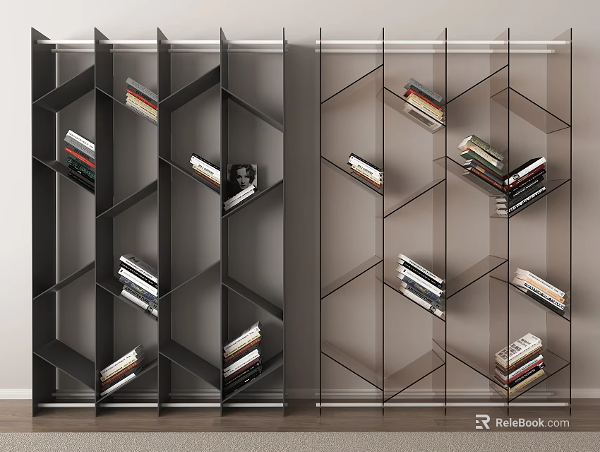 Modern Black Geometric Bookcase With Multiple Open Shelves And Arranged Books 3d model 