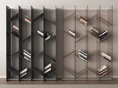 Modern Black Geometric Bookcase With Multiple Open Shelves And Arranged Books 3d model