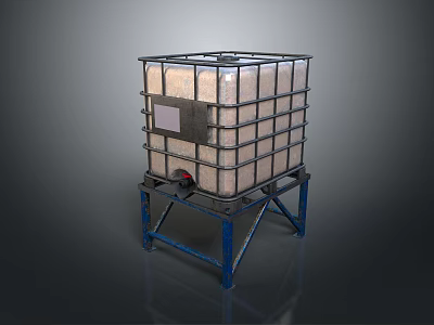 Industrial Square Metal Frame Container With Blue Stand Holding Granular Material And Side Panel 3d model