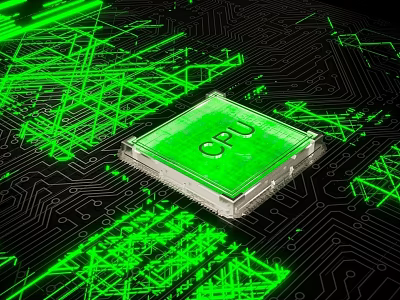 Green CPU Chip With Glowing Lines On Circuit Board Digital Tech Component 3d model