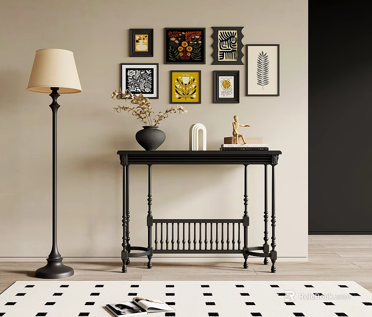 Stylish Entryway Decor With Black Console Table Floor Lamp Framed Artworks And Patterned Rug 3d model
