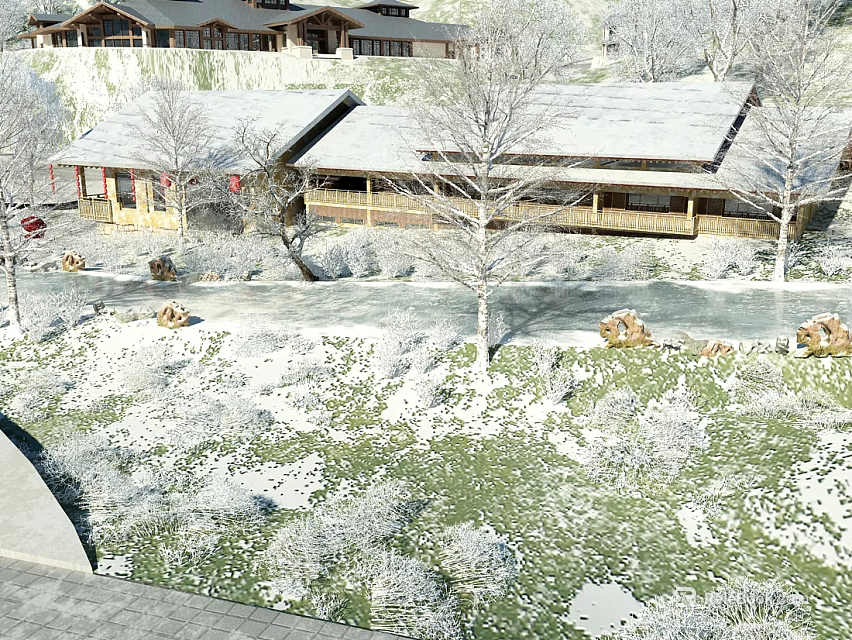 Traditional Snowy Garden Landscape Featuring Wooden Buildings Trees Grass Pathway And Red Decorations 3d model 