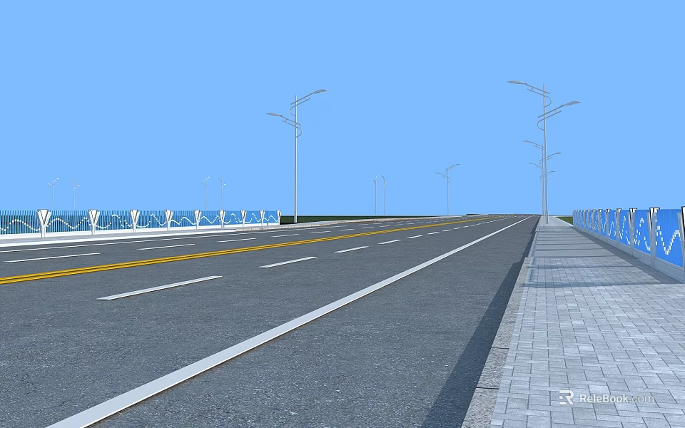 Road Facilities Featuring Street Lamps Blue Guardrails And Lane Markings On Asphalt Road With Sidewalk 3d model 