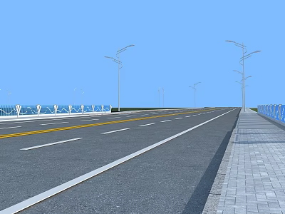 Road Facilities Featuring Street Lamps Blue Guardrails And Lane Markings On Asphalt Road With Sidewalk 3d model