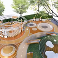 Modern Park Playground With Circular Lawn Paved Ground And Green Trees
