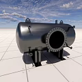 Metallic Industrial Tank Structure Placed On White Grid Floor With Blue Sky Background