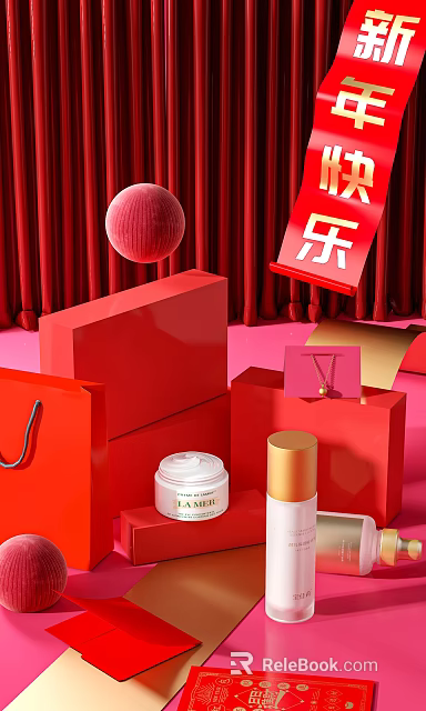 Luxury Perfumes Cosmetics Red Theme Display With Shopping Bags Cream Jar And Bottle 3d model 
