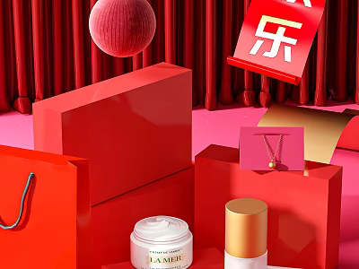 Luxury Perfumes Cosmetics Red Theme Display With Shopping Bags Cream Jar And Bottle 3d model