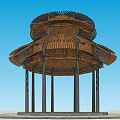 Wooden Landscape Pavilion With Two Tiered Roof And Circular Stone Slab Base