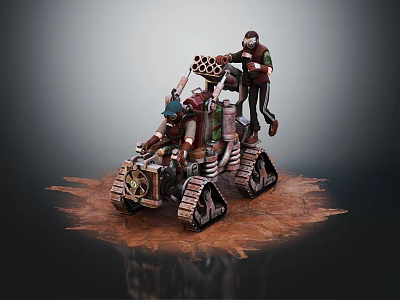 Steampunk Crawler Vehicle With Two Figures And Cannon Like Mechanical Structure On Muddy Ground 3d model