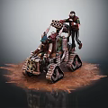 Steampunk Crawler Vehicle With Two Figures And Cannon Like Mechanical Structure On Muddy Ground