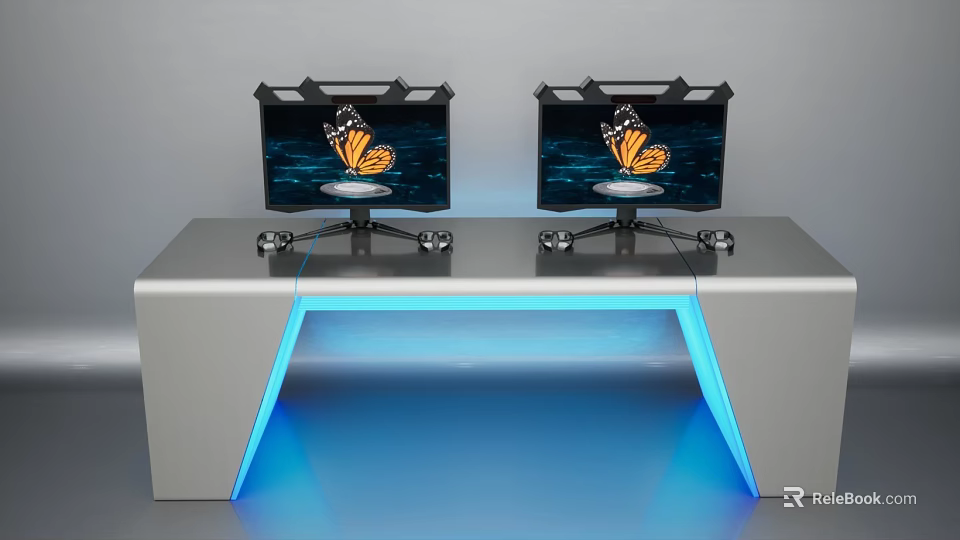 Dual Computer Monitors With Butterfly Display On LED Lit Modern Desk 3d model 