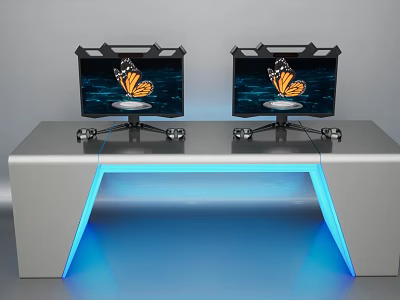 Dual Computer Monitors With Butterfly Display On LED Lit Modern Desk 3d model