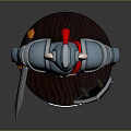 Armored Knight Holding Sword With Blue Armor Horned Helmet Red Eagle Shield And Wooden Base
