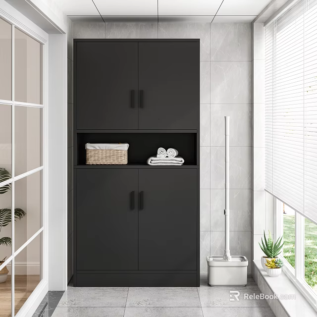 Home Balcony With Black Cabinet Open Shelf Wicker Basket Folded Towels Blinds And Green Plant 3d model 