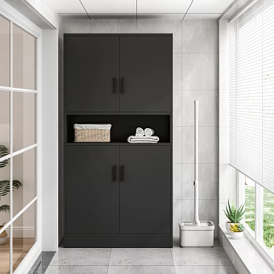 Home Balcony With Black Cabinet Open Shelf Wicker Basket Folded Towels Blinds And Green Plant 3d model