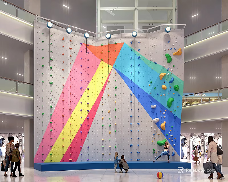 Colorful Indoor Climbing Wall In Shopping Mall With Climbing Holds And People 3d model 