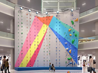 Colorful Indoor Climbing Wall In Shopping Mall With Climbing Holds And People 3d model