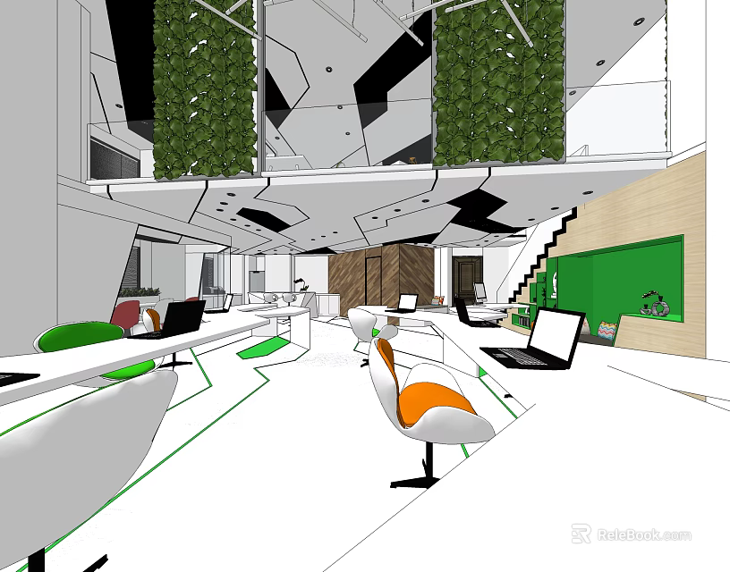 Modern Public Office Space Interior With Open Layout Green Plants Laptops And Workstations 3d model 