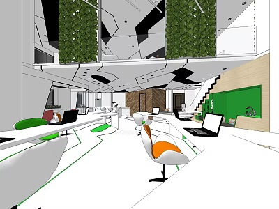 Modern Public Office Space Interior With Open Layout Green Plants Laptops And Workstations 3d model