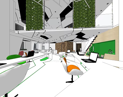 Modern Public Office Space Interior With Open Layout Green Plants Laptops And Workstations 3d model