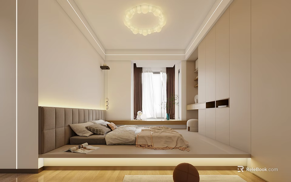 Minimalist Tatami Bedroom Interior Design With Storage Cabinets And Natural Light 3d model 