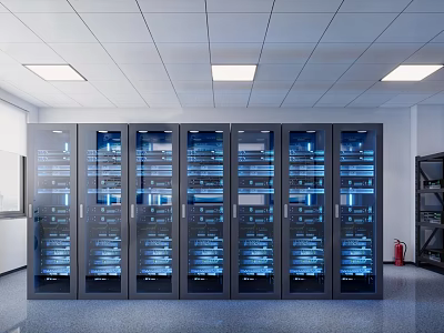 Intelligent Server Racks in Modern Server Room with Blue Lighting and White Ceiling 3d model