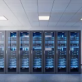 Intelligent Server Racks in Modern Server Room with Blue Lighting and White Ceiling