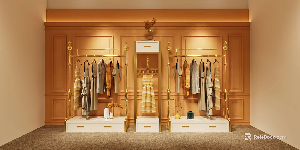 Golden Clothes Hangers In Modern Cloakroom With Wooden Walls Drawer Cabinets And Hanging Clothes 3d model 