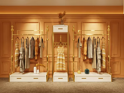 Golden Clothes Hangers In Modern Cloakroom With Wooden Walls Drawer Cabinets And Hanging Clothes 3d model