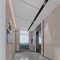 Modern Elevator Hallway With Wooden Panels Linear Lighting Window And City View 3d model