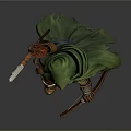 A Man In Green Cloak And Armor Holding Axe And Bow With Feathered Helmet