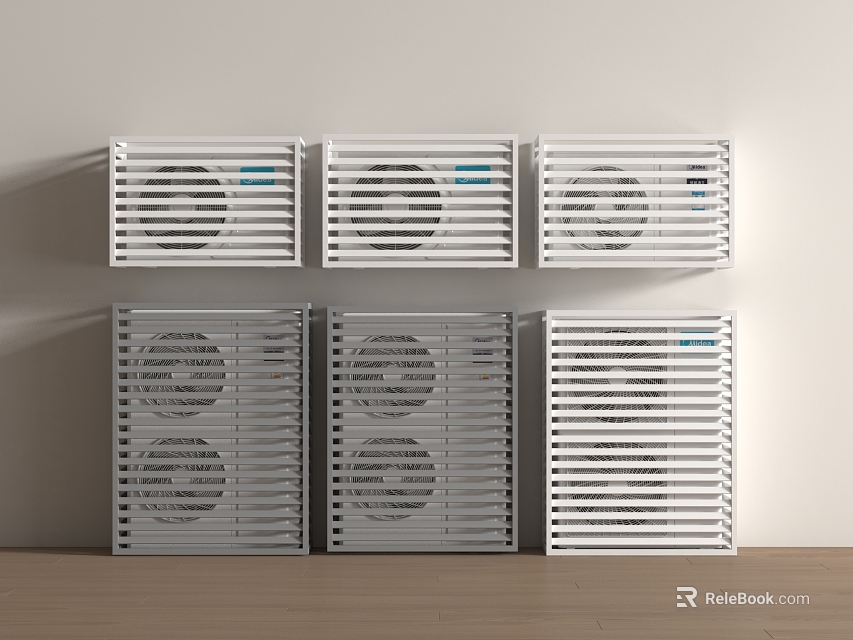 Multiple White Wall Mounted Air Conditioning Fans Arranged With Neat Grille Design 3d model 