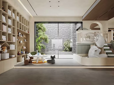 Modern Entertainment Room With Slide Bookshelves Soft Seats Green Plants And Natural Light 3d model