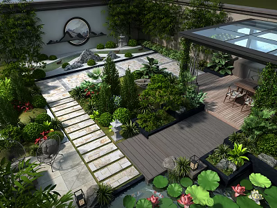 Tranquil Garden Landscape With Stone Walkway Lotus Pond Lush Greenery And Wooden Deck 3d model