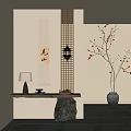 Wooden Lattice Partition in Zen Interior with Long Table Lamp Calligraphy Painting and Vase Twigs