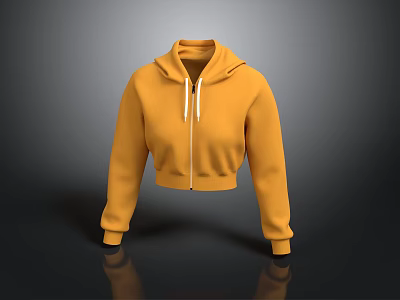 Yellow Cropped Hoodie With Zipper Long Sleeves Soft Fabric Casual Design 3d model