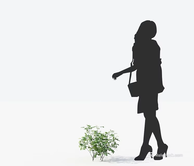 Small Green Shrub Plant Next To Walking Woman Silhouette Carrying Handbag In High Heels 3d model 