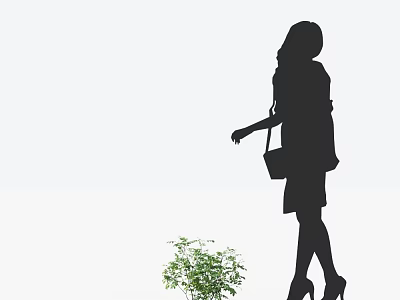 Small Green Shrub Plant Next To Walking Woman Silhouette Carrying Handbag In High Heels 3d model