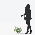 Small Green Shrub Plant Next To Walking Woman Silhouette Carrying Handbag In High Heels