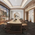 Elegant Modern Tea House Interior With Wooden Bookshelves Chandelier Long Table Sofa And Rug