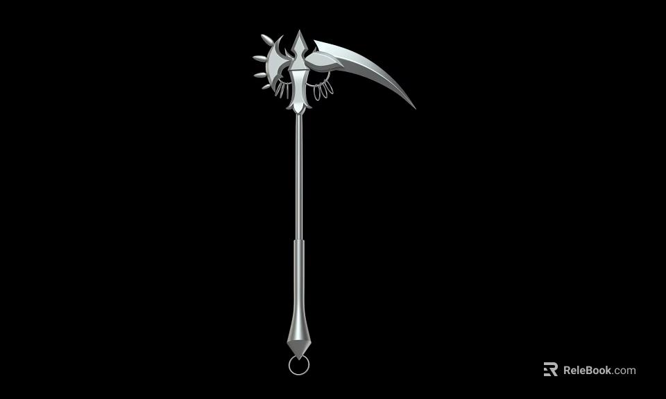 Medieval Decorative Scythe Weapon With Silver Handle And Intricate Top Design 3d model 