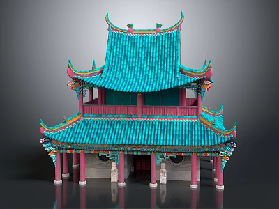 Cartoon Scene of Traditional Chinese Architecture with Blue Curved Roof Red Pillars and Colorful Decorations 3d model