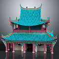 Cartoon Scene of Traditional Chinese Architecture with Blue Curved Roof Red Pillars and Colorful Decorations