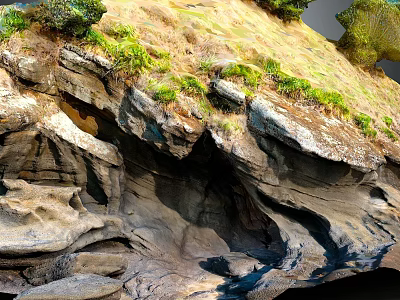 Natural Rocky Terrain Featuring Layered Rock Formations Cliffside Vegetation And Caves 3d model