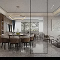 Elegant Modern Restaurant Interior Design With Dining Table Chairs Large Window And Artwork 3d model