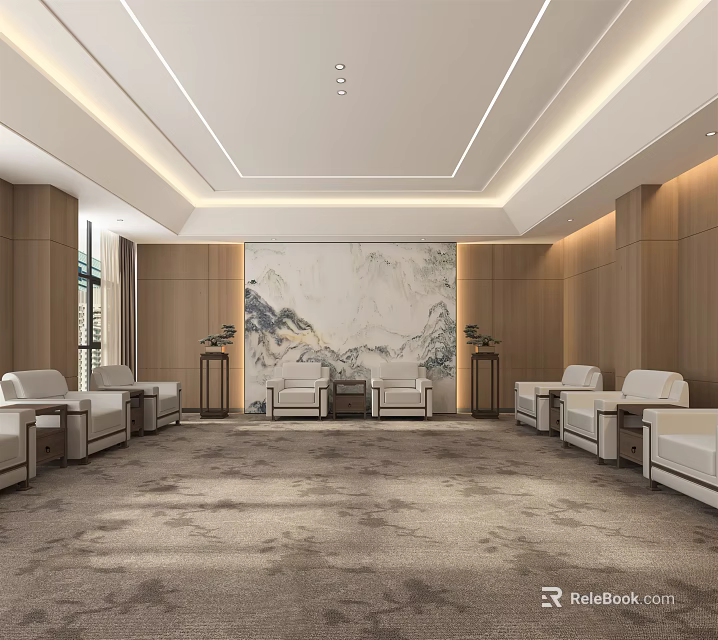 Modern Hotel Public Lounge Area With White Sofas Large Decorative Painting And Luxurious Carpet 3d model 