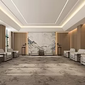 Modern Hotel Public Lounge Area With White Sofas Large Decorative Painting And Luxurious Carpet