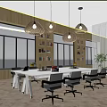 Modern Public Office Space With Wooden Bookshelves Large Windows Long Table And Office Chairs
